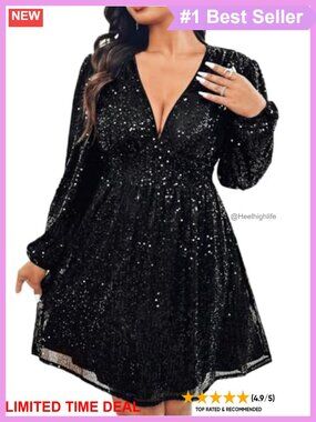 Plus Size Long Sleeve V Neck Sequin Fit & Flare Cocktail Dress